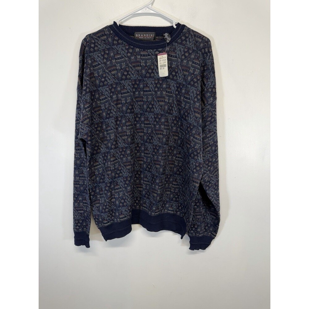 VtG Brandini Mens Multicolor  Pure Wool Graphic Pullover Sweater Blue L New